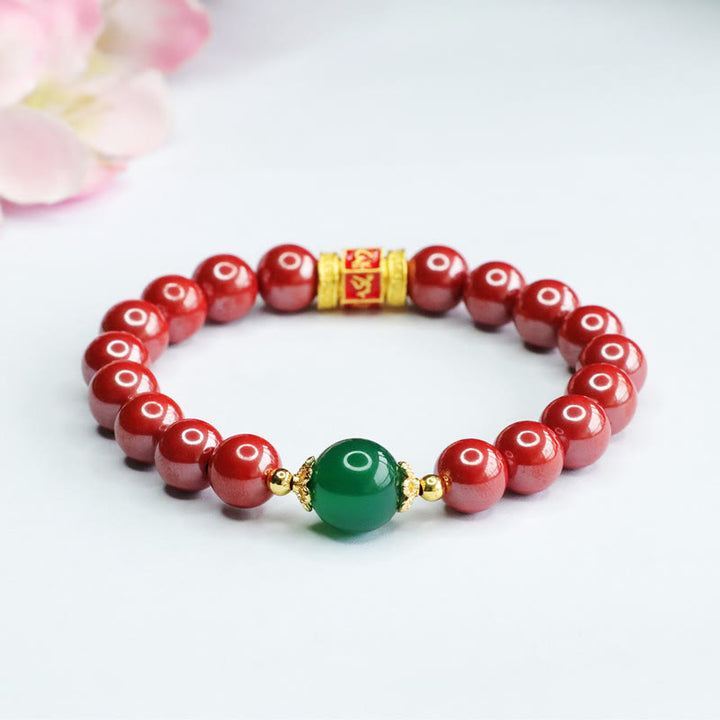Bracelet de bénédiction en agate verte cinabre naturelle Buddha Stones et motif Om Mani Padme Hum