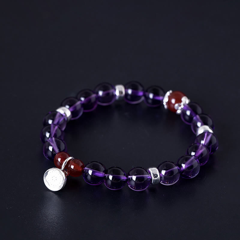 Bracelet Buddha Stones en argent sterling 925 avec améthyste naturelle, agate rouge et lotus positif