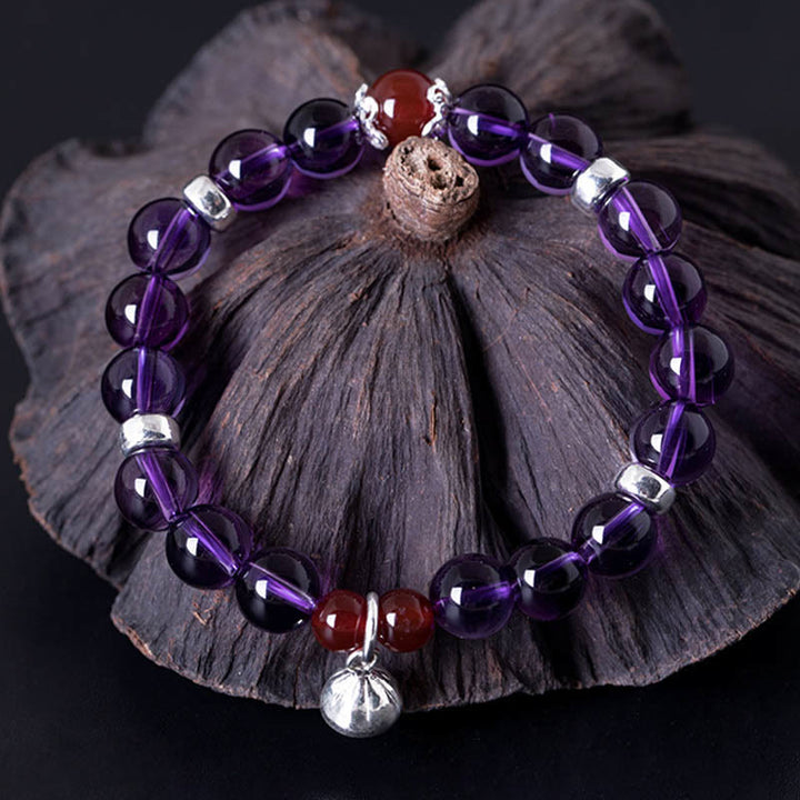 Bracelet Buddha Stones en argent sterling 925 avec améthyste naturelle, agate rouge et lotus positif