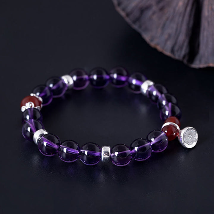 Bracelet Buddha Stones en argent sterling 925 avec améthyste naturelle, agate rouge et lotus positif