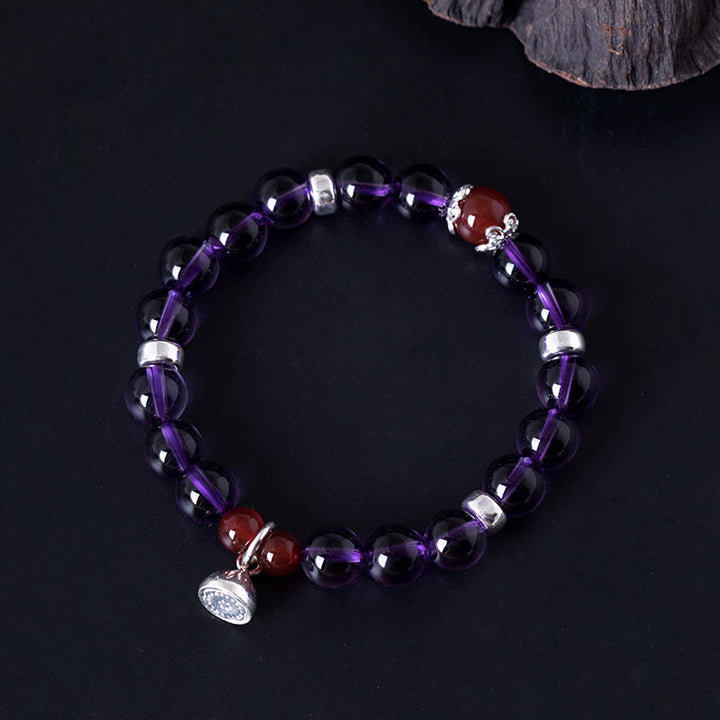 Bracelet Buddha Stones en argent sterling 925 avec améthyste naturelle, agate rouge et lotus positif