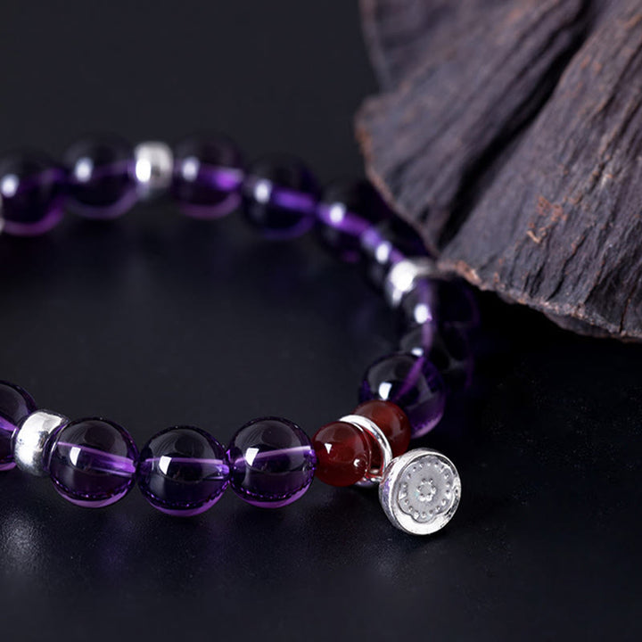Bracelet Buddha Stones en argent sterling 925 avec améthyste naturelle, agate rouge et lotus positif