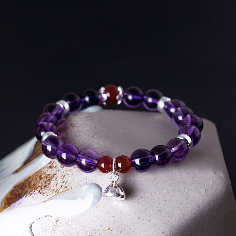 Bracelet Buddha Stones en argent sterling 925 avec améthyste naturelle, agate rouge et lotus positif