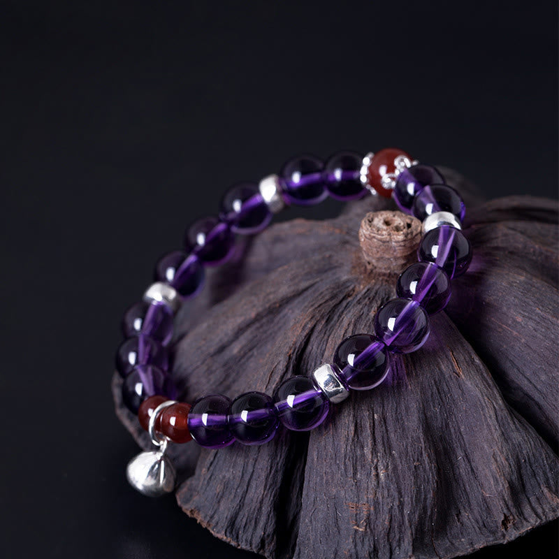 Bracelet Buddha Stones en argent sterling 925 avec améthyste naturelle, agate rouge et lotus positif