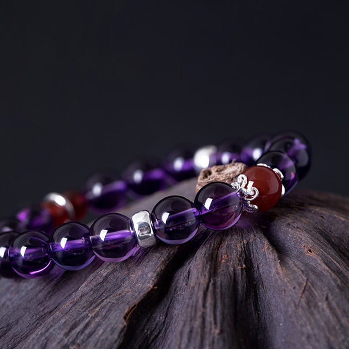 Bracelet Buddha Stones en argent sterling 925 avec améthyste naturelle, agate rouge et lotus positif