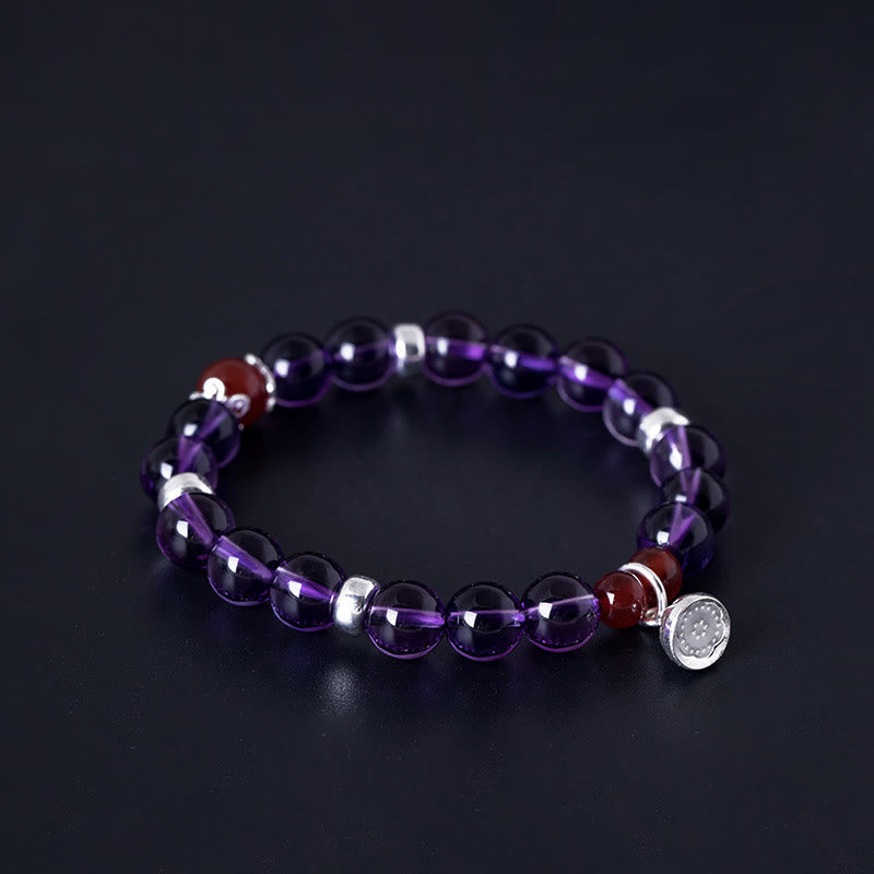 Bracelet Buddha Stones en argent sterling 925 avec améthyste naturelle, agate rouge et lotus positif