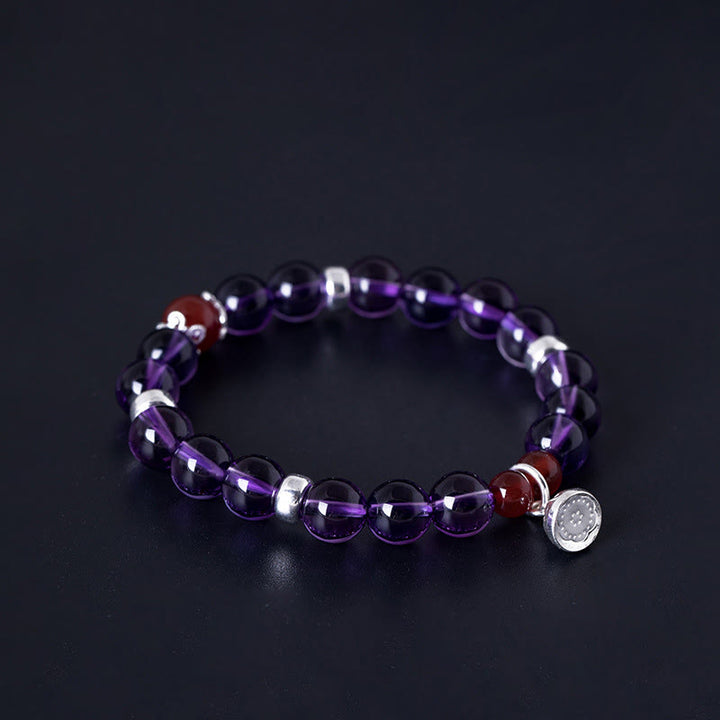 Bracelet Buddha Stones en argent sterling 925 avec améthyste naturelle, agate rouge et lotus positif