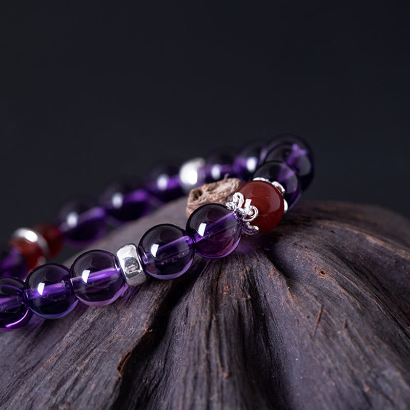Bracelet Buddha Stones en argent sterling 925 avec améthyste naturelle, agate rouge et lotus positif