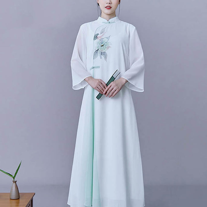 Ensemble 2 pièces Buddha Stones Fleur Manches Trois-Quarts Robe Midi Jupe Mousseline Zen Vêtements Femme