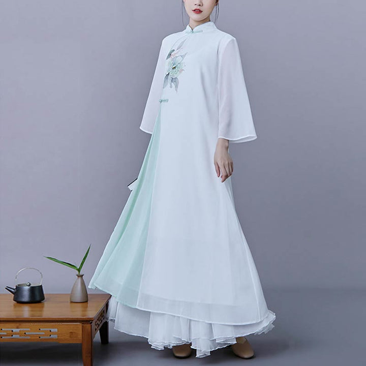 Ensemble 2 pièces Buddha Stones Fleur Manches Trois-Quarts Robe Midi Jupe Mousseline Zen Vêtements Femme