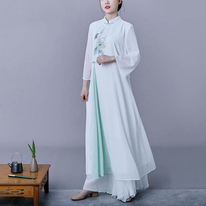 Ensemble 2 pièces Buddha Stones Fleur Manches Trois-Quarts Robe Midi Jupe Mousseline Zen Vêtements Femme