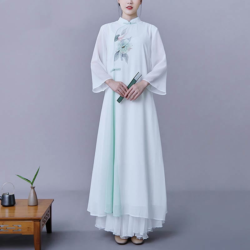 Ensemble 2 pièces Buddha Stones Fleur Manches Trois-Quarts Robe Midi Jupe Mousseline Zen Vêtements Femme