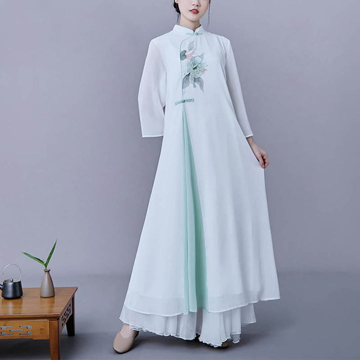 Ensemble 2 pièces Buddha Stones Fleur Manches Trois-Quarts Robe Midi Jupe Mousseline Zen Vêtements Femme
