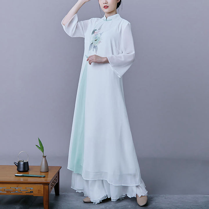 Ensemble 2 pièces Buddha Stones Fleur Manches Trois-Quarts Robe Midi Jupe Mousseline Zen Vêtements Femme