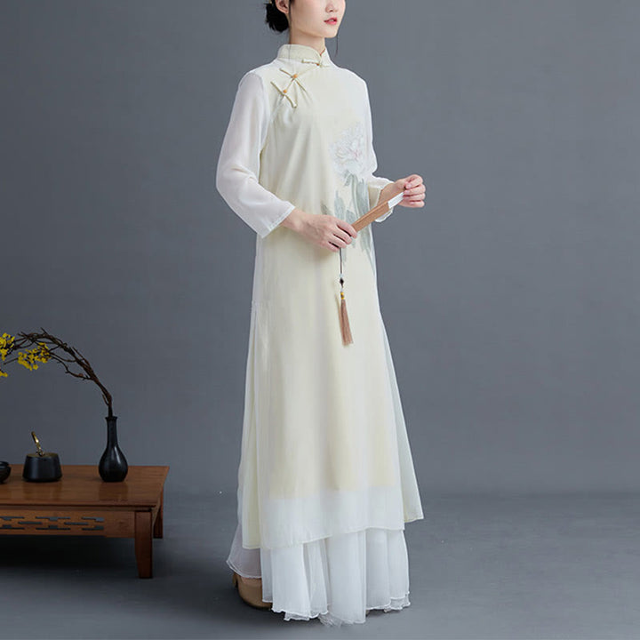 Ensemble de 2 pièces pour femme avec robe mi-longue et jupe en mousseline de soie et motif pivoine Buddha Stones - image 2