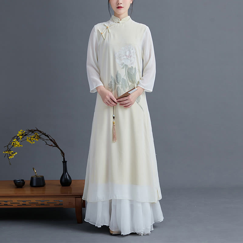 Ensemble de 2 pièces pour femme avec robe mi-longue et jupe en mousseline de soie et motif pivoine Buddha Stones - image 1