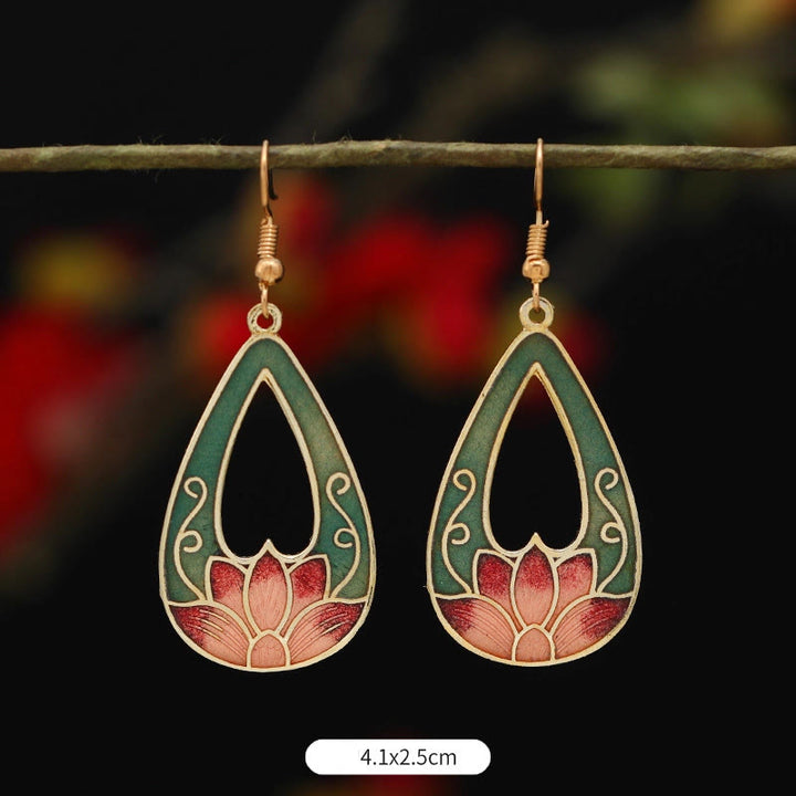 Boucles d'oreilles pendantes en alliage de cuivre avec Buddha Stones, fleur de lotus et papillon