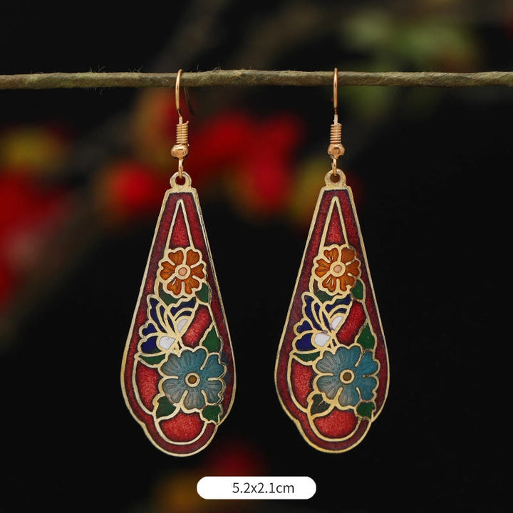 Boucles d'oreilles pendantes en alliage de cuivre avec Buddha Stones, fleur de lotus et papillon - Fleur rouge 5,2 x 2,1 cm - image 8