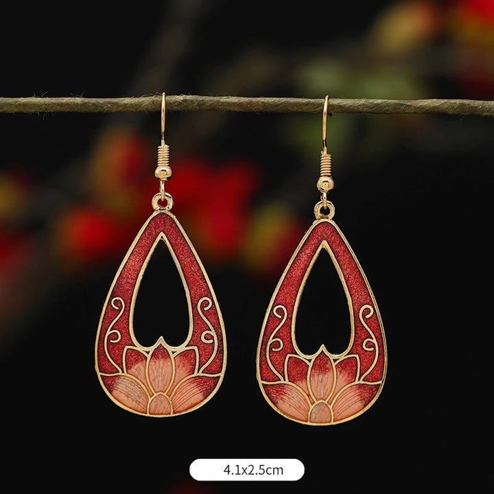 Boucles d'oreilles pendantes en alliage de cuivre avec Buddha Stones, fleur de lotus et papillon - Lotus rouge 4,1*2,5 cm - image 4