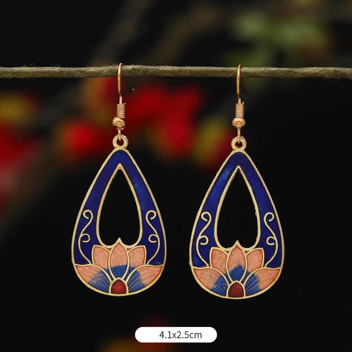 Boucles d'oreilles pendantes en alliage de cuivre avec Buddha Stones, fleur de lotus et papillon