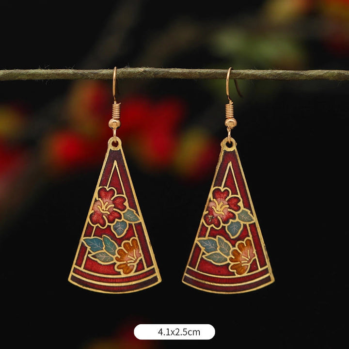 Boucles d'oreilles pendantes en alliage de cuivre avec Buddha Stones, fleur de lotus et papillon - Fleur rouge triangulaire 4,1 x 2,5 cm - image 11