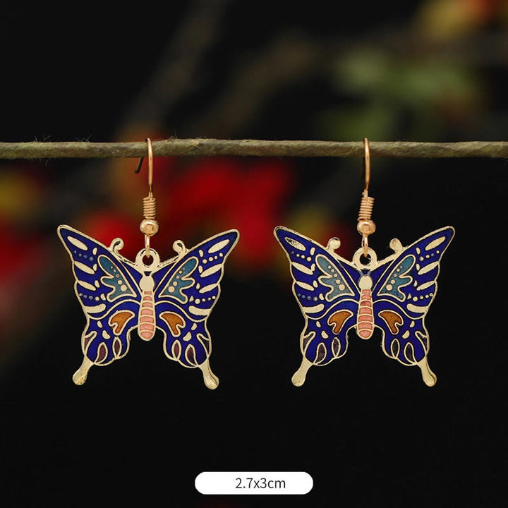 Boucles d'oreilles pendantes en alliage de cuivre avec Buddha Stones, fleur de lotus et papillon - Papillon bleu foncé 2,7 x 3 cm - image 14