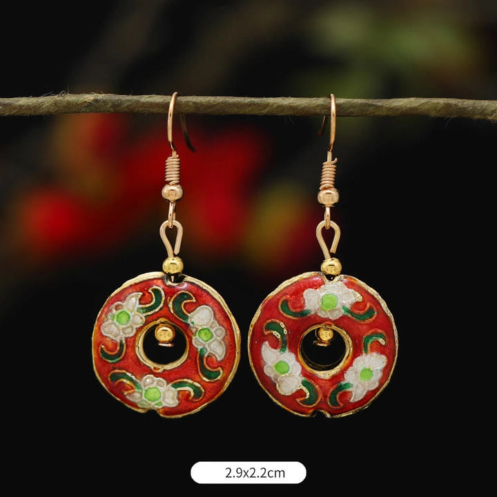 Boucles d'oreilles pendantes en alliage de cuivre avec Buddha Stones, fleur de lotus et papillon - Cercle de fleurs rouges 2,9*2,2 cm - image 21