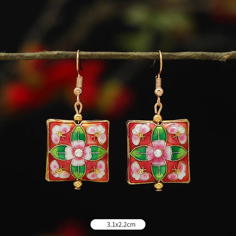 Boucles d'oreilles pendantes en alliage de cuivre avec Buddha Stones, fleur de lotus et papillon - Fleur carrée rouge et verte 3,1 x 2,2 cm - image 24