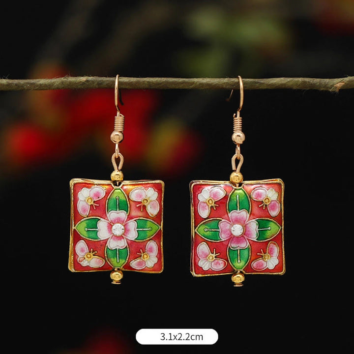 Boucles d'oreilles pendantes en alliage de cuivre avec Buddha Stones, fleur de lotus et papillon - Fleur carrée rouge et verte 3,1 x 2,2 cm - image 24