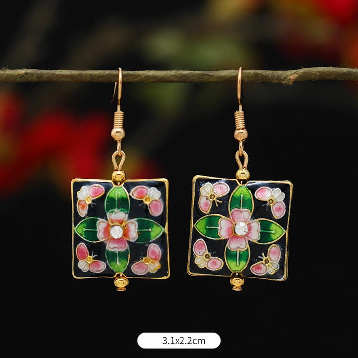 Boucles d'oreilles pendantes en alliage de cuivre avec Buddha Stones, fleur de lotus et papillon - Fleur verte carrée 3,1 x 2,2 cm - image 26