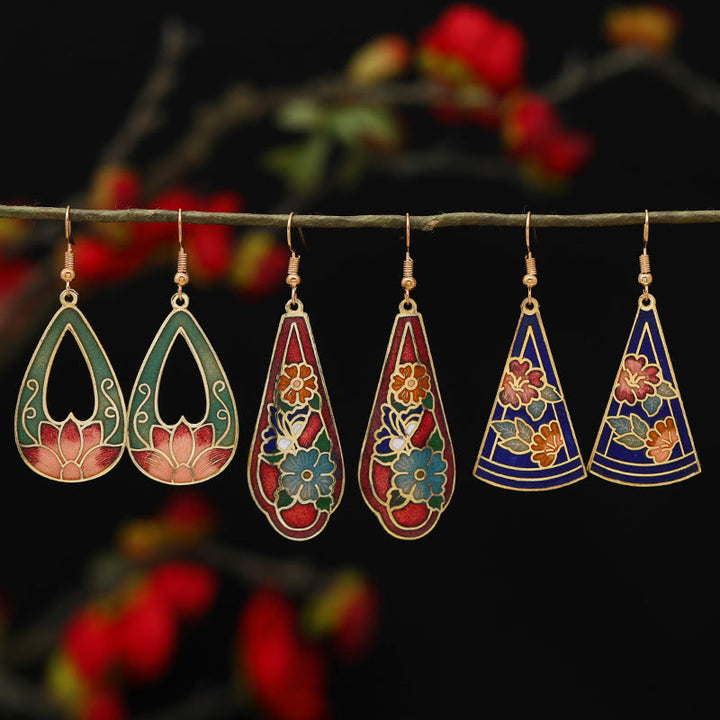 Boucles d'oreilles pendantes en alliage de cuivre avec Buddha Stones, fleur de lotus et papillon