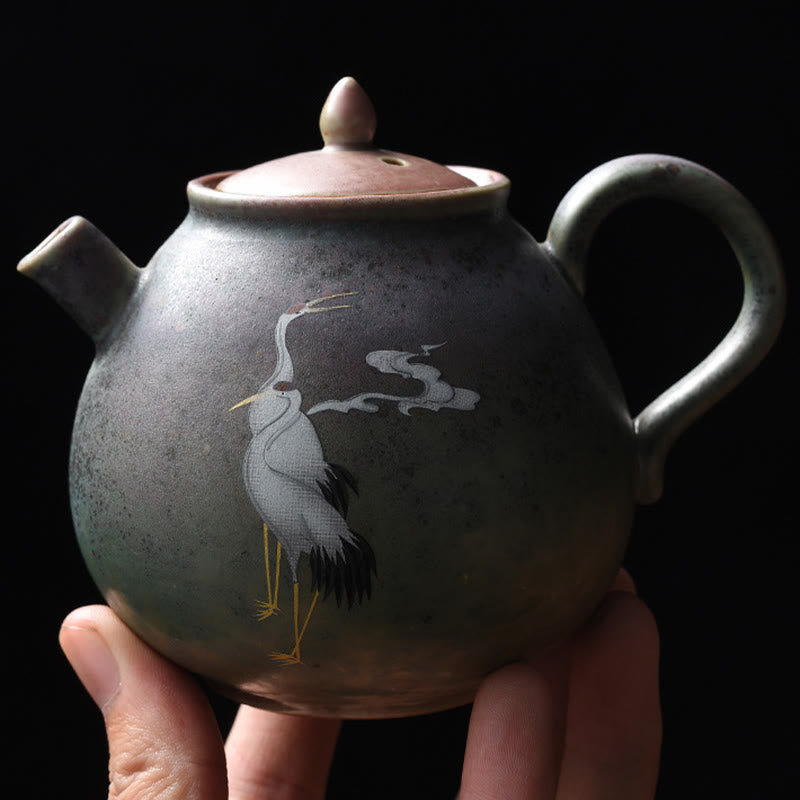 Théière Kung Fu en céramique avec Buddha Stones et grue blanche