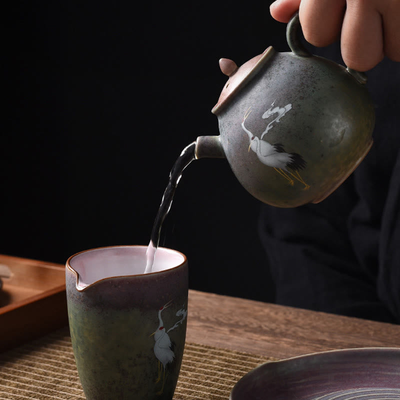 Théière Kung Fu en céramique avec Buddha Stones et grue blanche