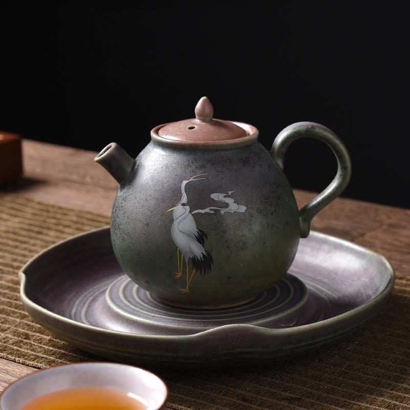 Théière Kung Fu en céramique avec Buddha Stones et grue blanche