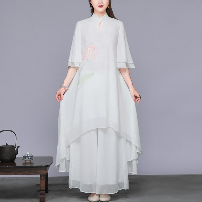 Ensemble 2 pièces Buddha Stones Fleur de Lotus Cheongsam Robe Midi Pantalon Large Mousseline de Soie Zen Femme - Robe et pantalon - US12，UK/AU16，EU44 (2XL)  - image 0