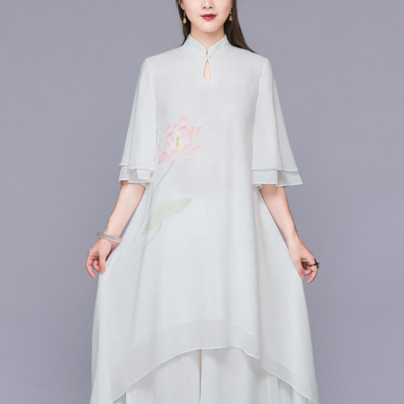 Ensemble 2 pièces Buddha Stones Fleur de Lotus Cheongsam Robe Midi Pantalon Large Mousseline de Soie Zen Femme - Robe (Robe seulement) - US12，UK/AU16，EU44 (2XL)  - image 5