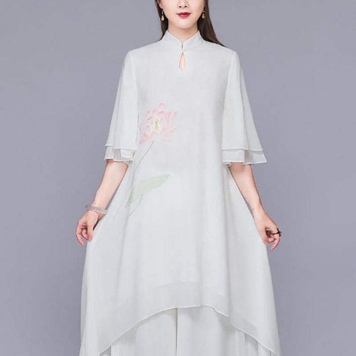 Ensemble 2 pièces Buddha Stones Fleur de Lotus Cheongsam Robe Midi Pantalon Large Mousseline de Soie Zen Femme - Robe (Robe seulement) - US12，UK/AU16，EU44 (2XL)  - image 5