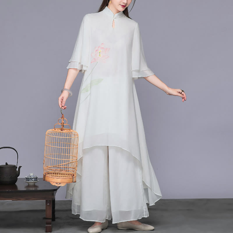 Ensemble 2 pièces Buddha Stones Fleur de Lotus Cheongsam Robe Midi Pantalon Large Mousseline de Soie Zen Femme - image 3