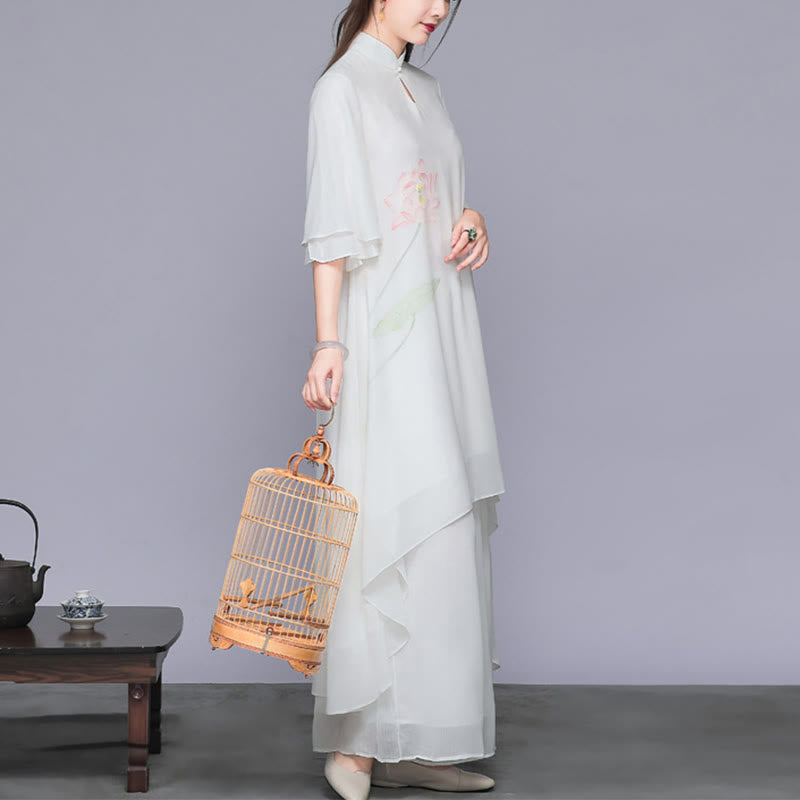 Ensemble 2 pièces Buddha Stones Fleur de Lotus Cheongsam Robe Midi Pantalon Large Mousseline de Soie Zen Femme - image 2