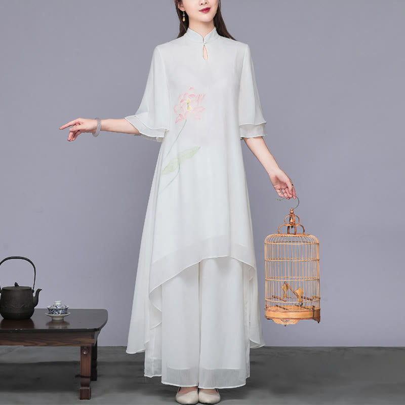 Ensemble 2 pièces Buddha Stones Fleur de Lotus Cheongsam Robe Midi Pantalon Large Mousseline de Soie Zen Femme - image 1