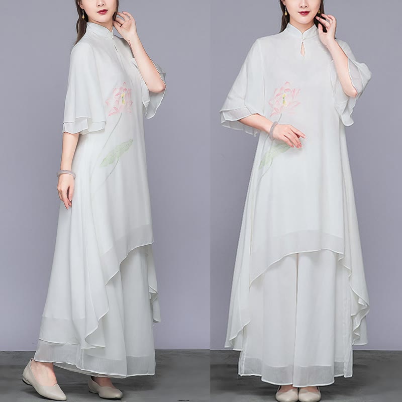 Ensemble 2 pièces Buddha Stones Fleur de Lotus Cheongsam Robe Midi Pantalon Large Mousseline de Soie Zen Femme - image 4