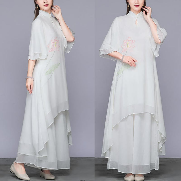 Ensemble 2 pièces Buddha Stones Fleur de Lotus Cheongsam Robe Midi Pantalon Large Mousseline de Soie Zen Femme - image 4