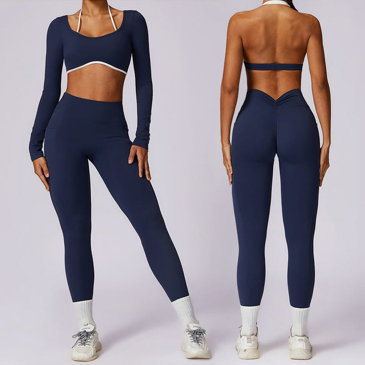 Soutien-gorge à col licou de couleur unie Buddha Stones, débardeur court à manches longues, pantalon de sport, fitness, gym, yoga