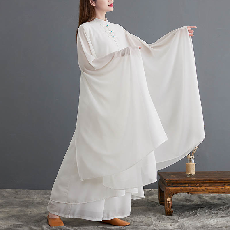 Buddha Stones 2Pcs Grenouille Boutonnée Manches Longues Robe Midi Pantalon Large Mousseline Zen Ensemble Femme - image 3