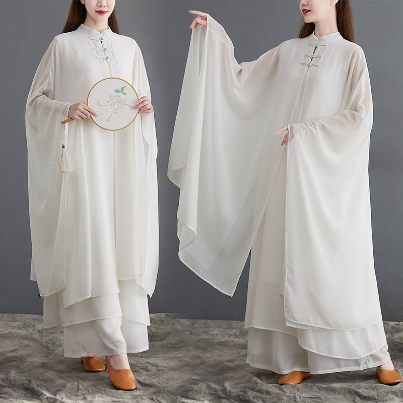 Buddha Stones 2Pcs Grenouille Boutonnée Manches Longues Robe Midi Pantalon Large Mousseline Zen Ensemble Femme - image 0