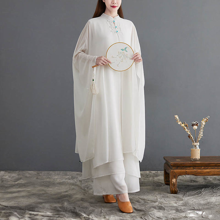 Buddha Stones 2Pcs Grenouille Boutonnée Manches Longues Robe Midi Pantalon Large Mousseline Zen Ensemble Femme - US12，UK/AU16，EU44 (2XL) - image 1