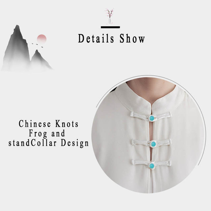 Buddha Stones 2Pcs Grenouille Boutonnée Manches Longues Robe Midi Pantalon Large Mousseline Zen Ensemble Femme - image 7