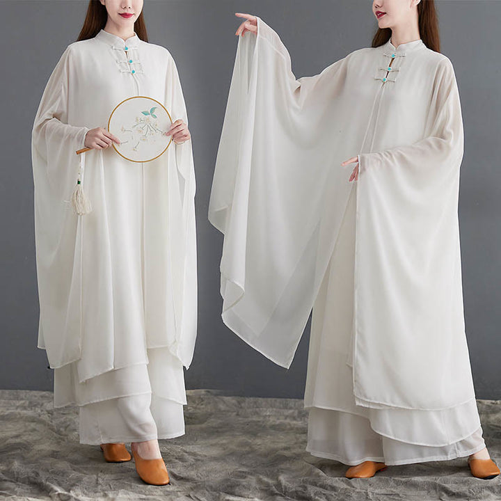 Buddha Stones 2Pcs Grenouille Boutonnée Manches Longues Robe Midi Pantalon Large Mousseline Zen Ensemble Femme - image 0