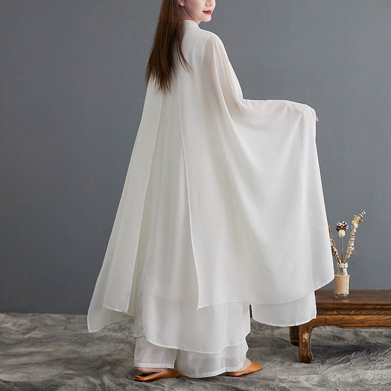 Buddha Stones 2Pcs Grenouille Boutonnée Manches Longues Robe Midi Pantalon Large Mousseline Zen Ensemble Femme - image 4