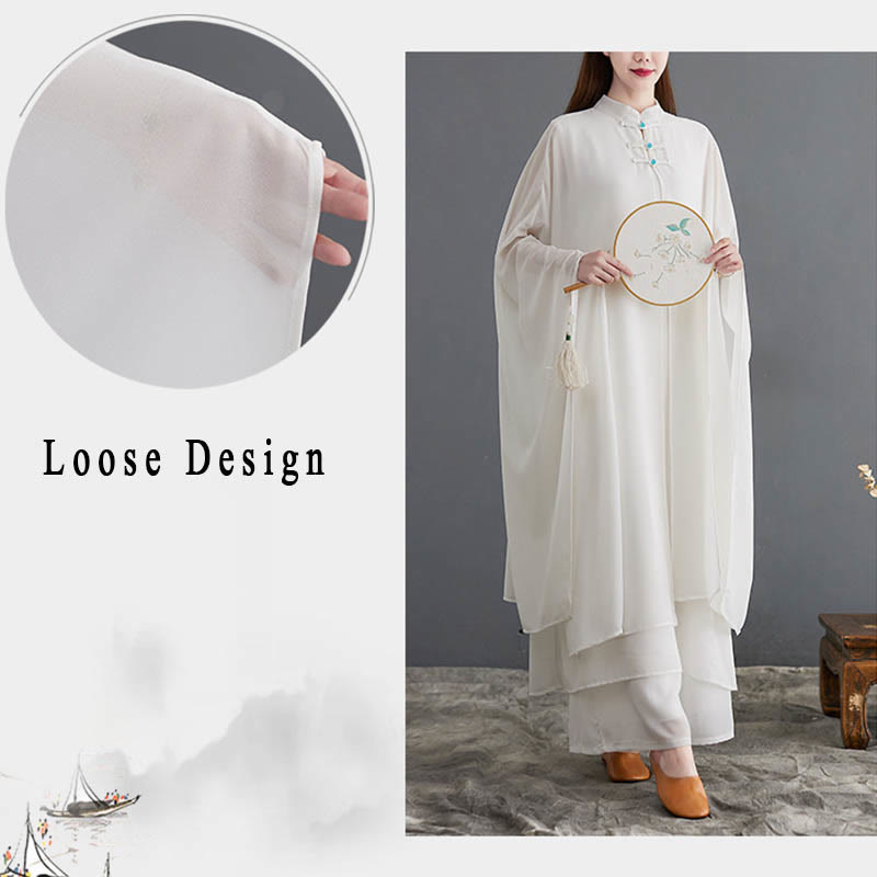 Buddha Stones 2Pcs Grenouille Boutonnée Manches Longues Robe Midi Pantalon Large Mousseline Zen Ensemble Femme - image 8